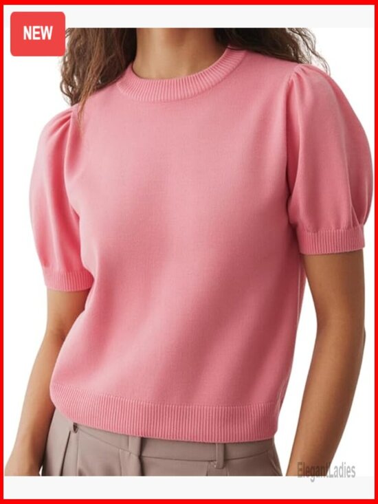 Sweaters - Puff Short Sleeve Sweater Top Spring Summer Trendy Crew Neck Casual Blouse